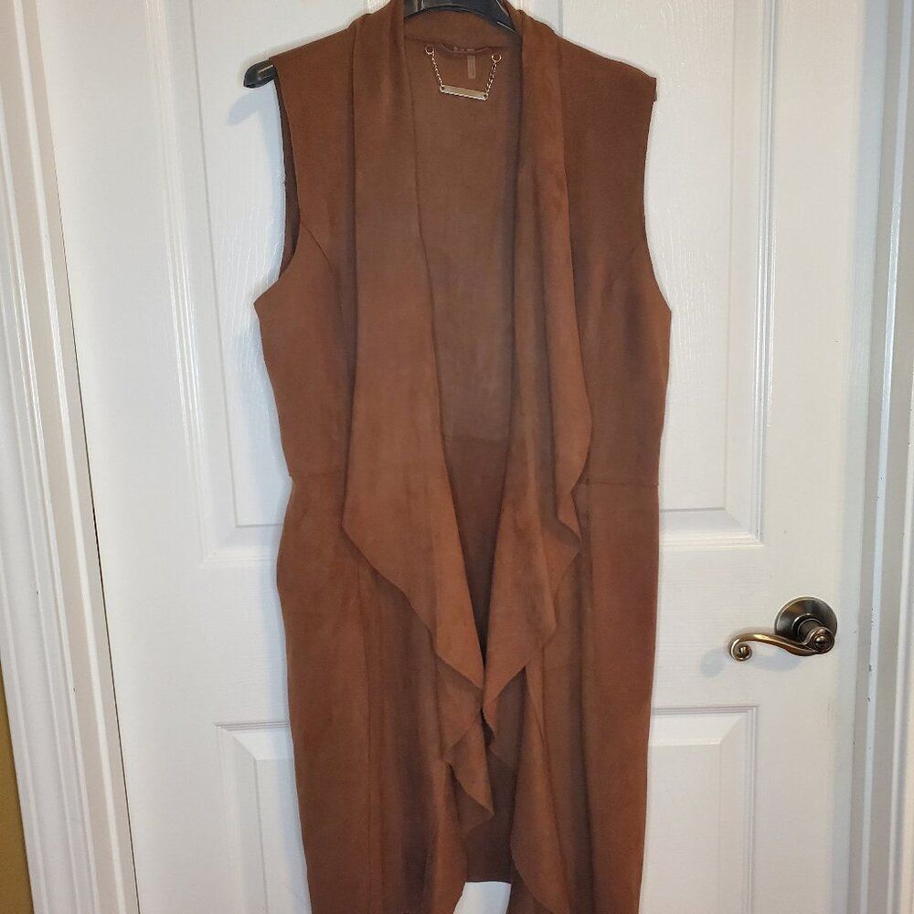 Paparazzi Earthy Brown Draped Faux Suede Long Waterfall Boho Open Vest SMALL